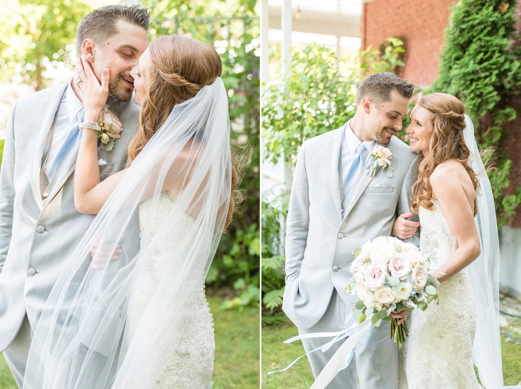Bride and groom kissing on porch of family home