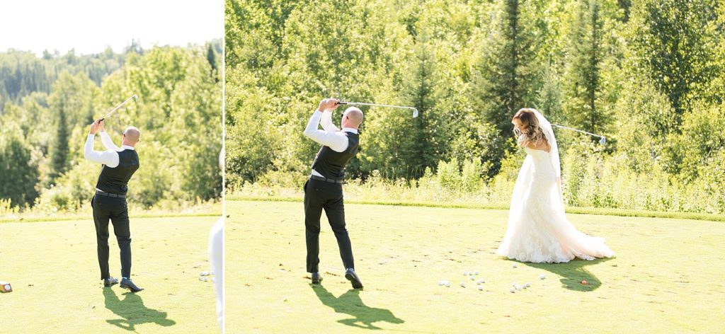 Bride and groom hitting golf balls at the Whitewater Golf Course