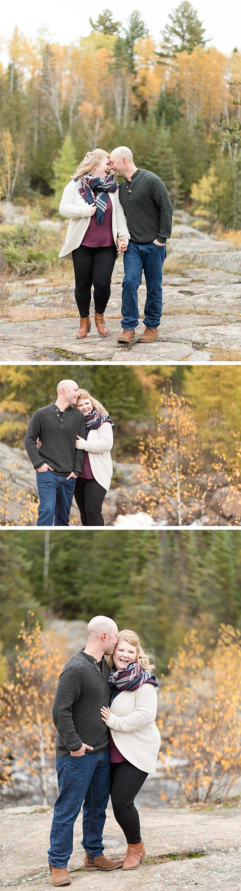Bride and groom to be cozy up during their cool fall engagement session at the Cascades in Thunder Bay