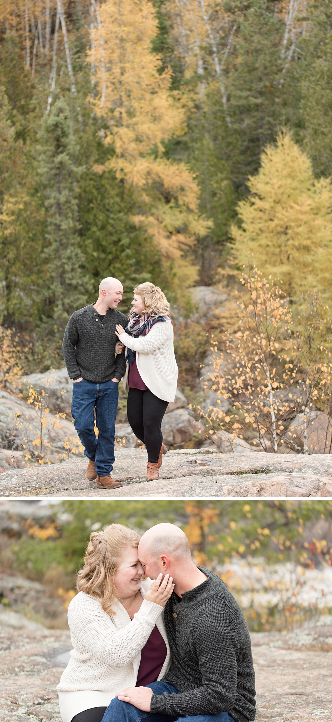 Bride and groom cozy up during their cool fall engagement session at the Cascades in Thunder Bay
