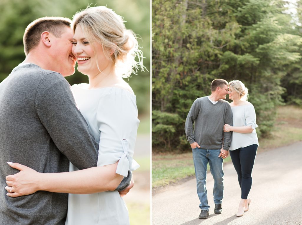 Bride and groom to be during their summer engagement session at Trowbridge Falls in Thunder Bay