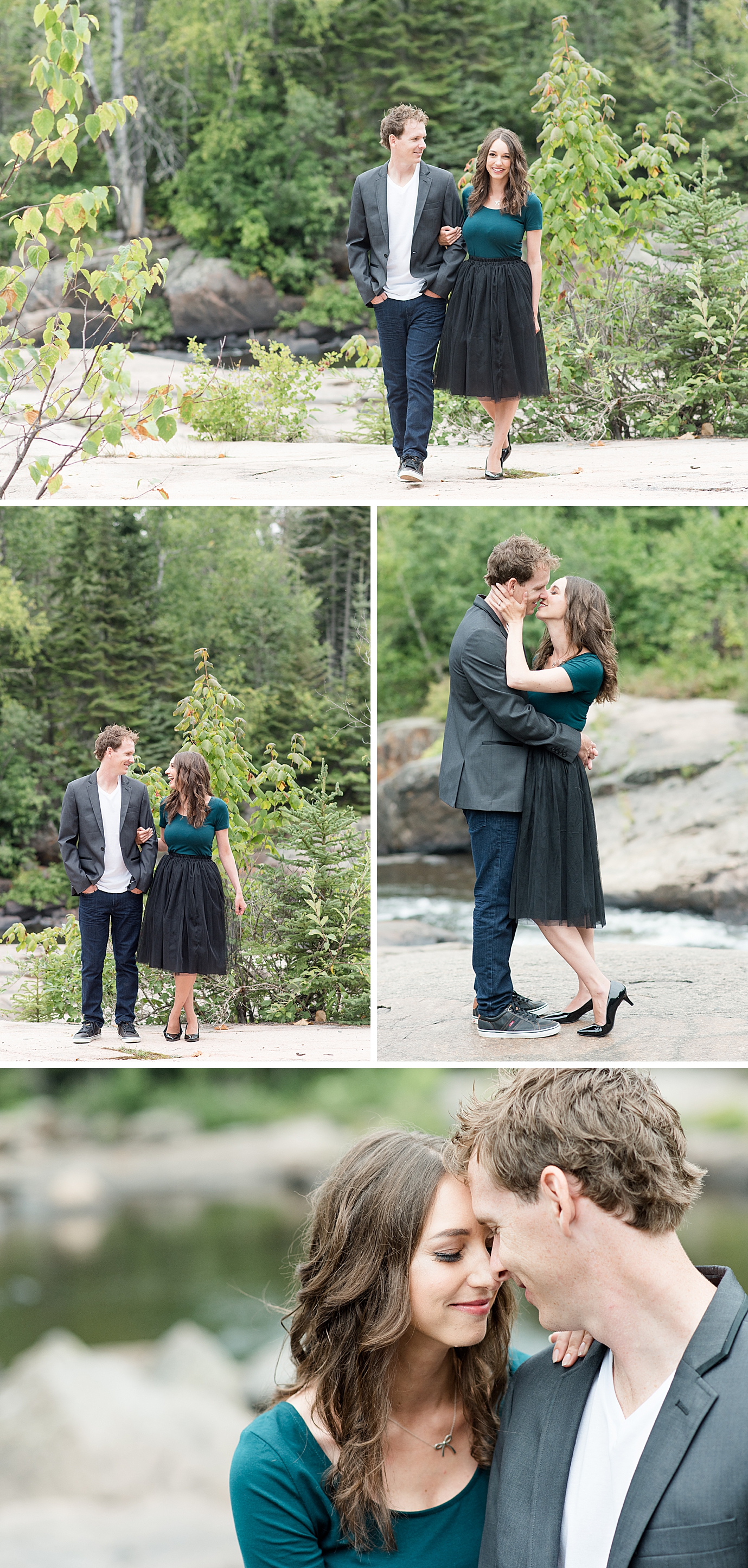 Bride and groom snuggled up during their summer engagement session at Mackenzie River in Thunder Bay