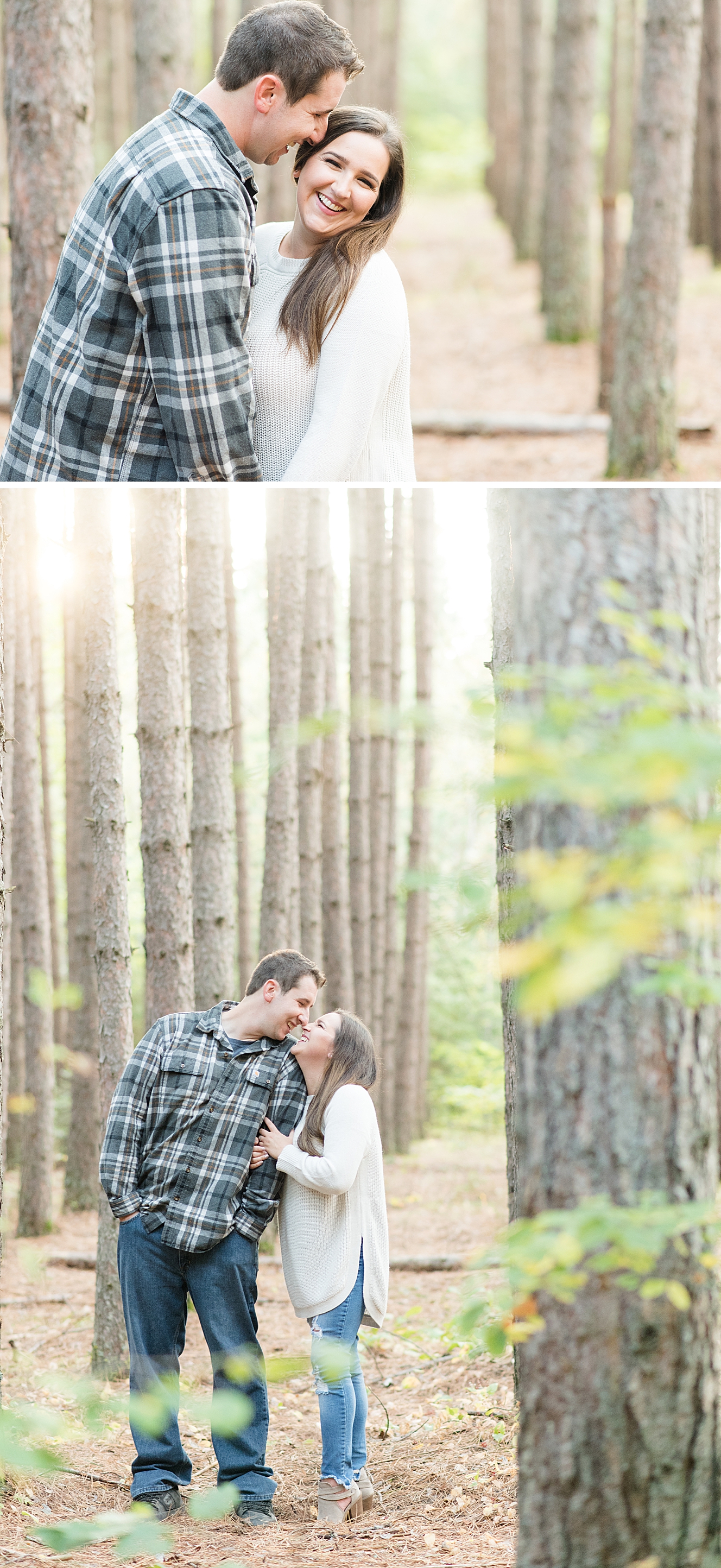Bride and groom to be are walking through the trees during their Thunder Bay Tree Farm Engagement Session