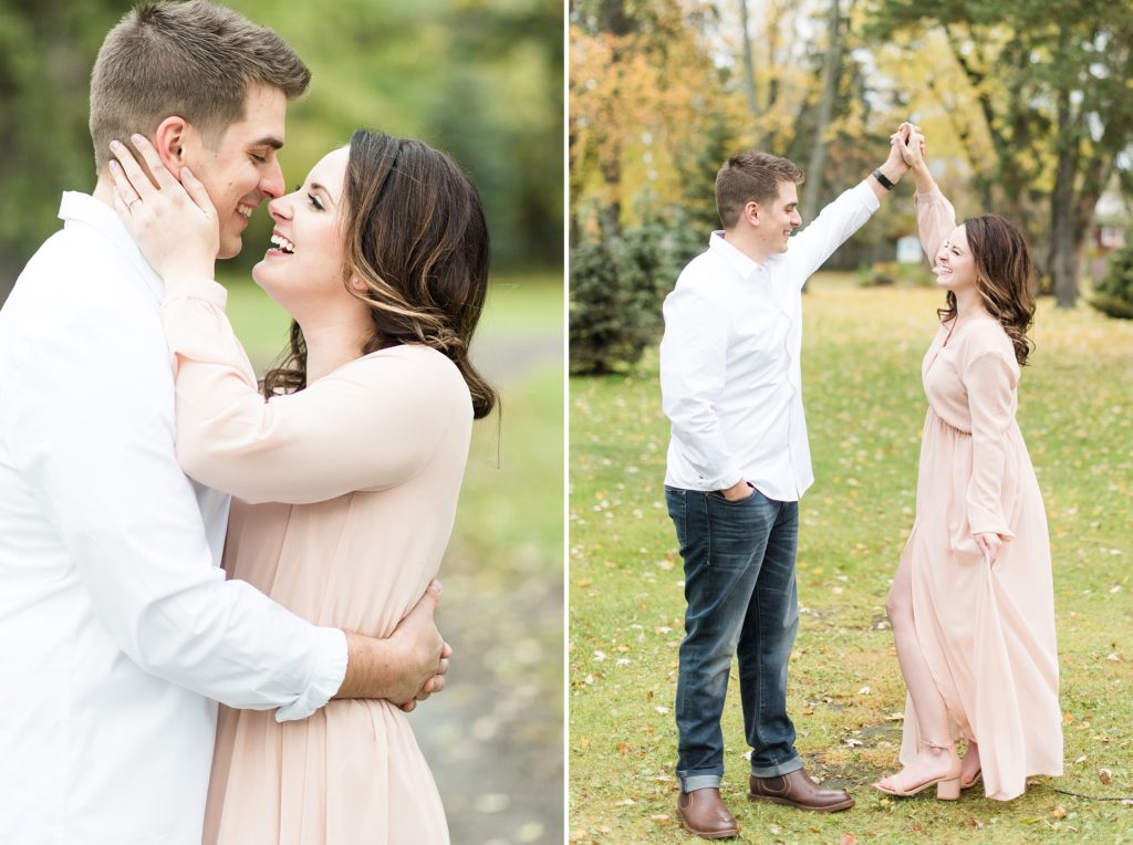 Bride and groom to be snuggle up close during their fall engagement session in Thunder Bay at Vickers Park