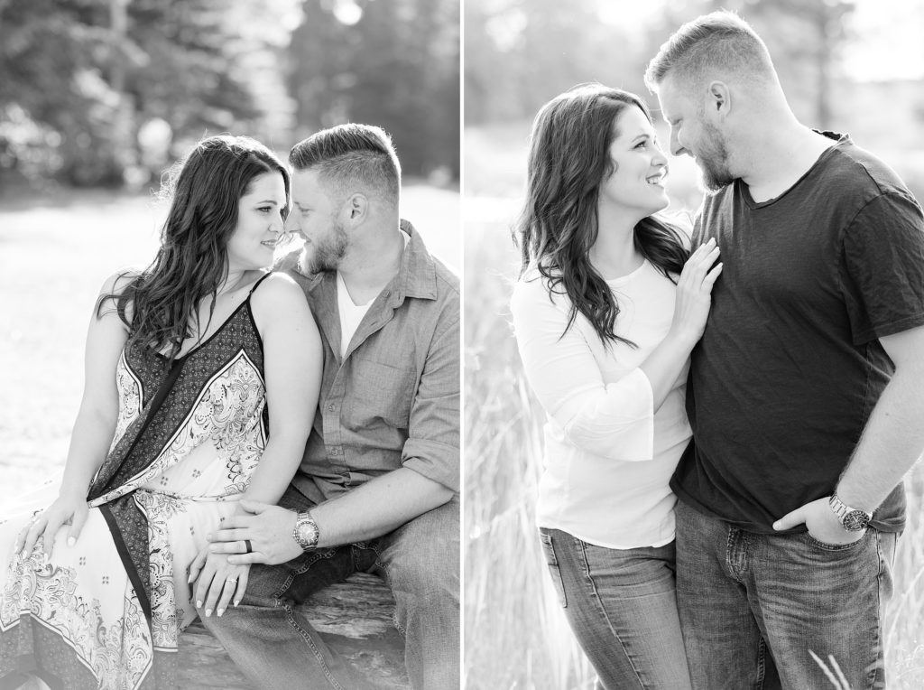 Bride and groom to be snuggle up during their engagement session in Thunder Bay at Chippewa Park