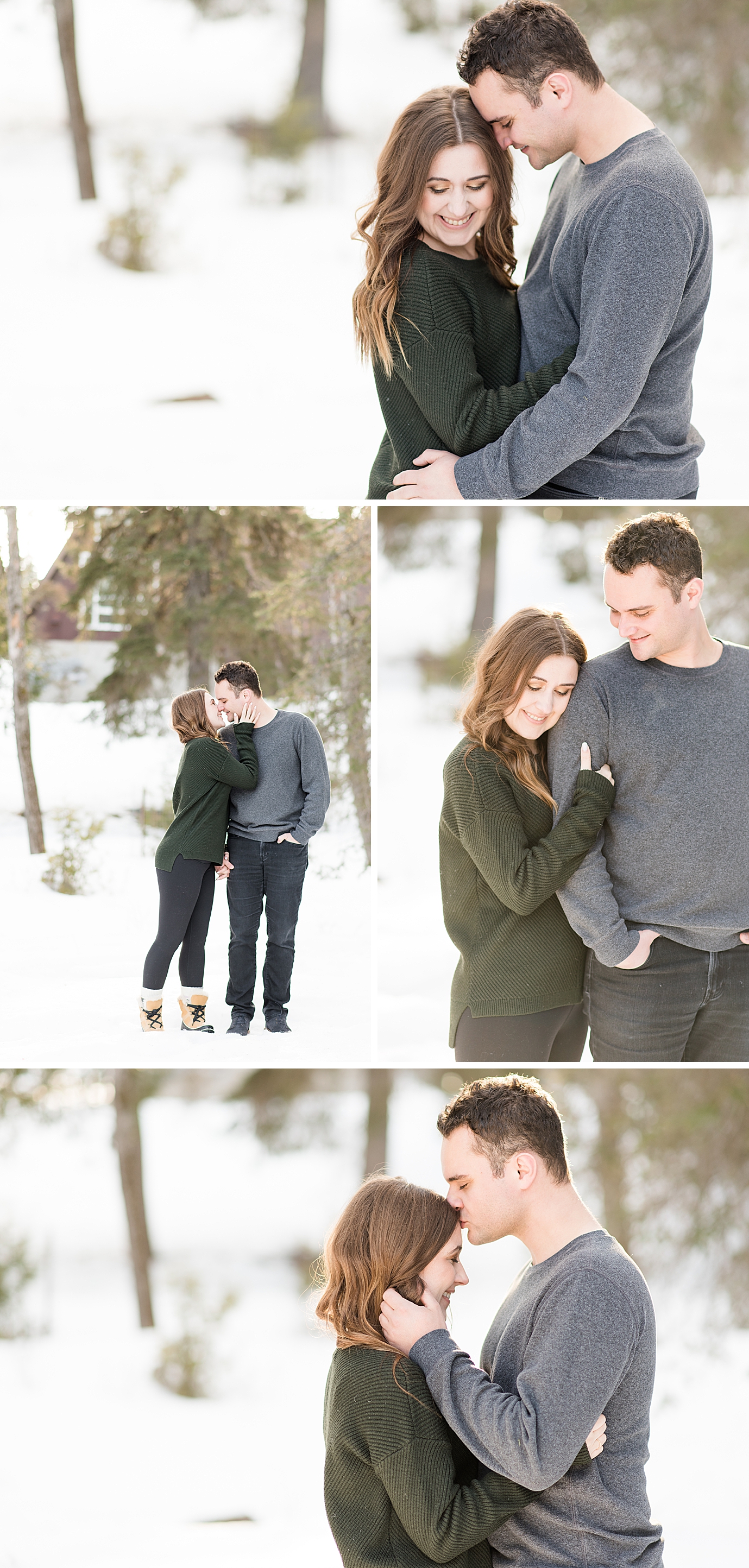 Bride and groom to be snuggle up and keep warm during their winter engagement session at Centennial Park in Thunder Bay