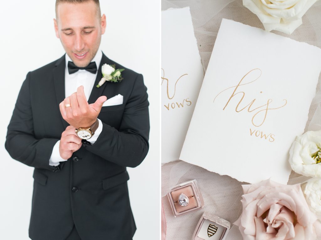 Groom adjusts his shirt sleeve. On the right, the grooms vow book with gold calligraphy