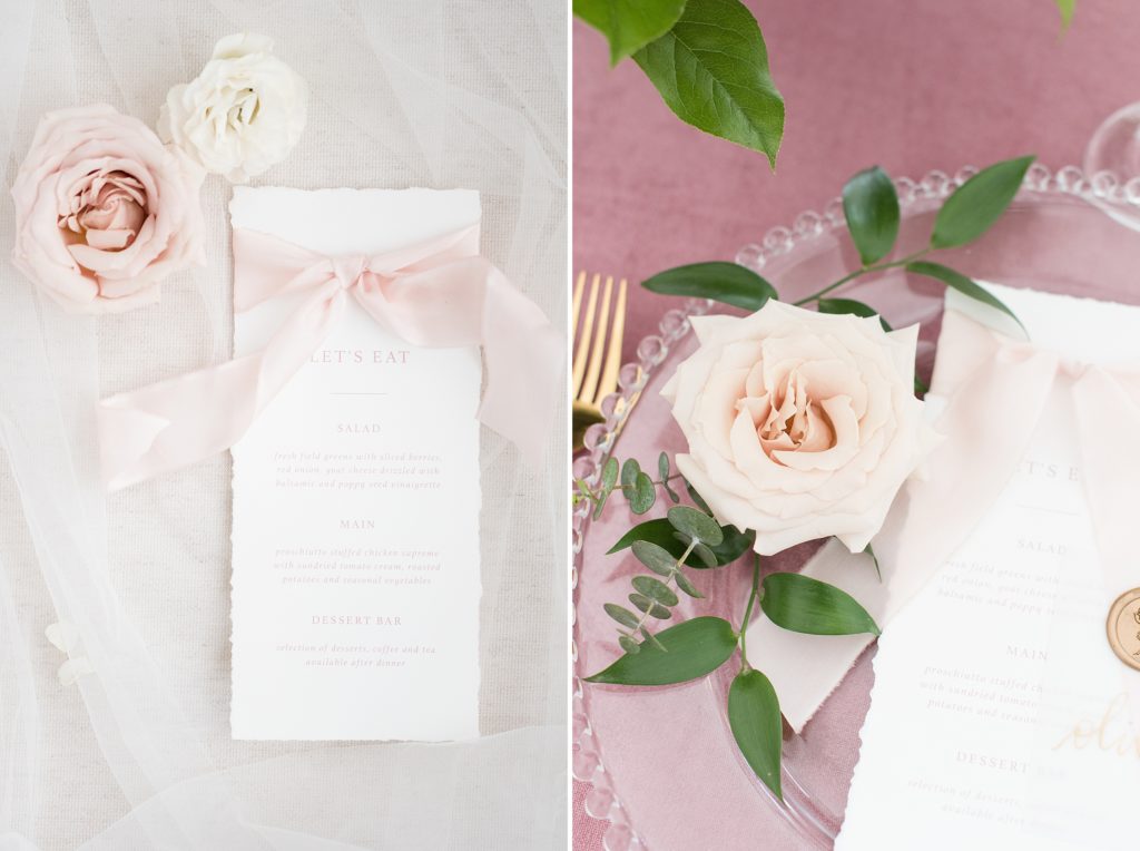 Dinner menu on hand torn paper, tied with a silk bow and a pink quicksand rose on a beaded charger plate