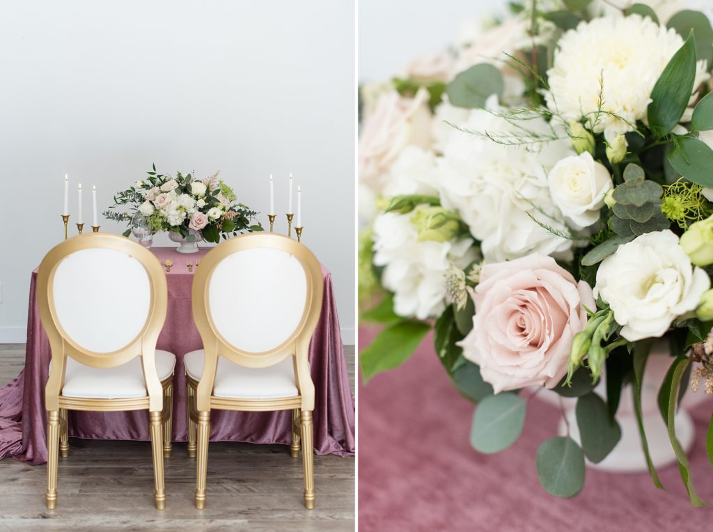 King Louis Chairs at head table adorned with mauve table cloth