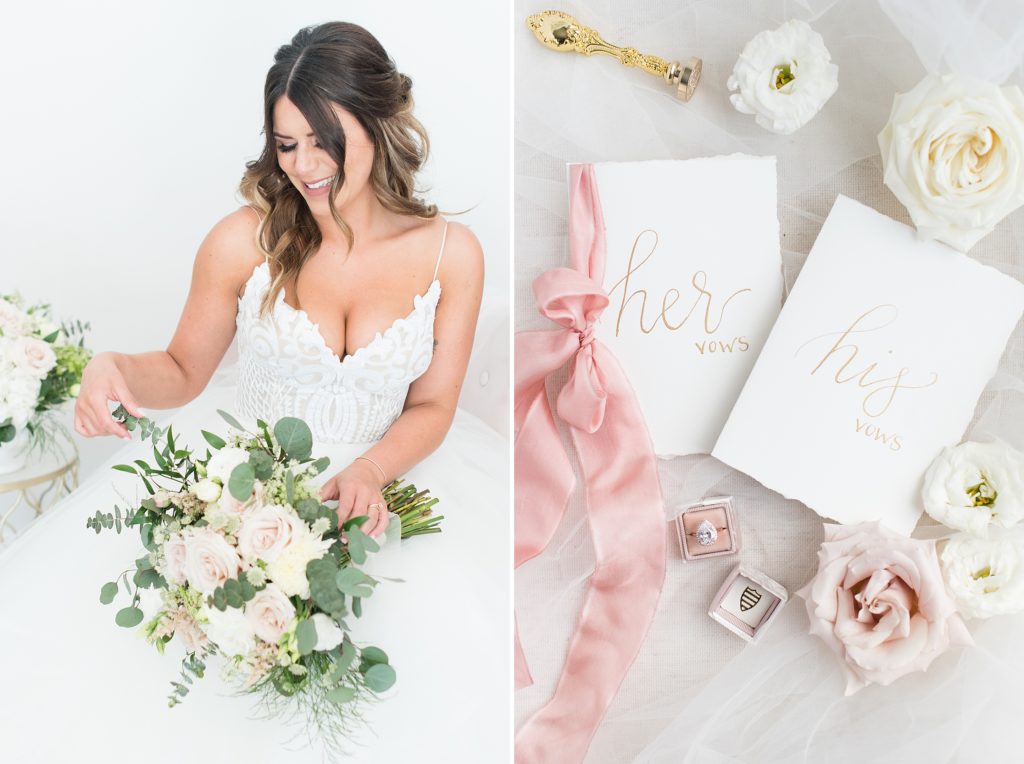 Bride looks at her soft and feminine wedding bouquet