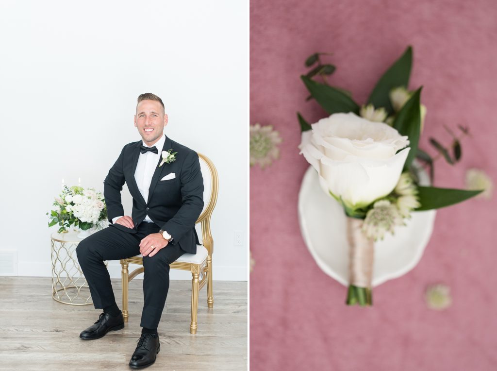 Diptych of groom sitting on King Louis Chair and his white rose boutonniere