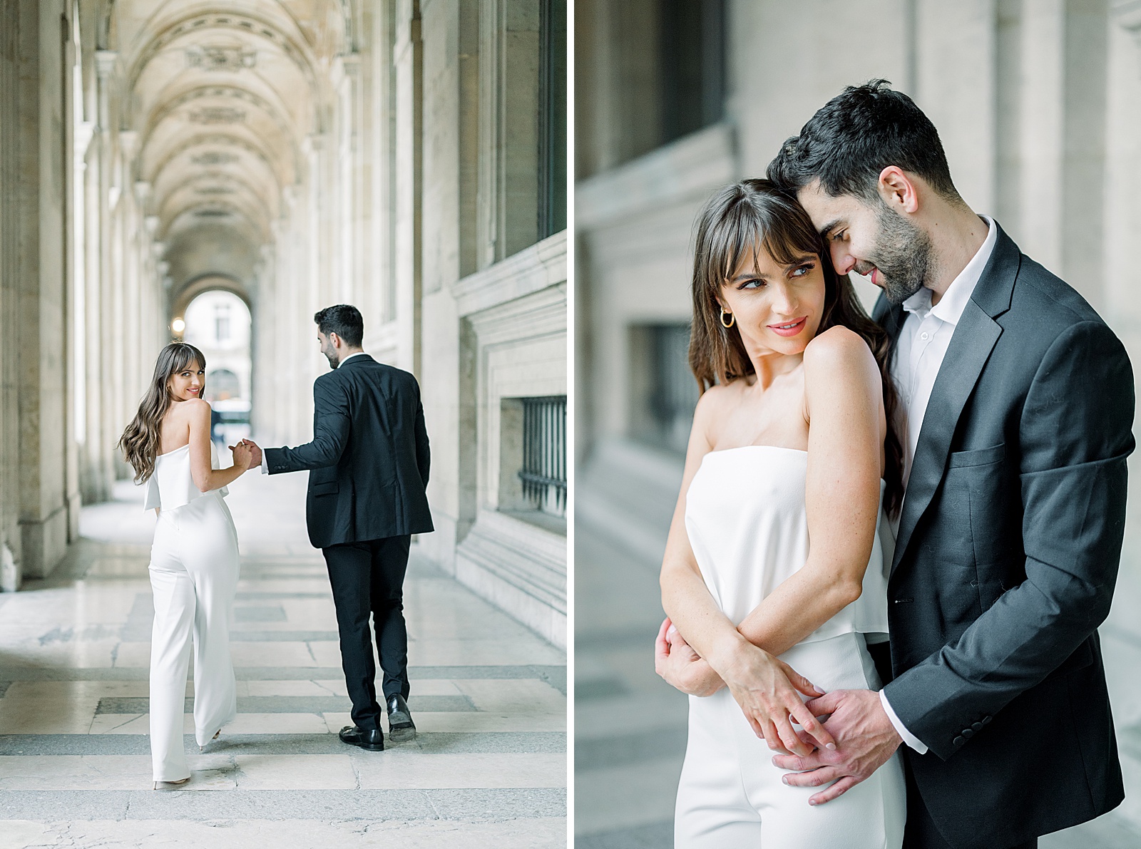 Left Image: A couple walks holding hands through one of the covered outdoor hallways of the Louvre Right image: A couple snuggles up in the same hallway