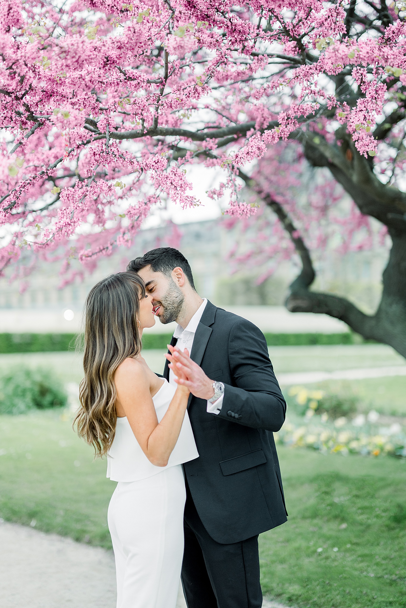 A guy and a girl share a kiss under a pink flowering tree at the jardin des tuileries